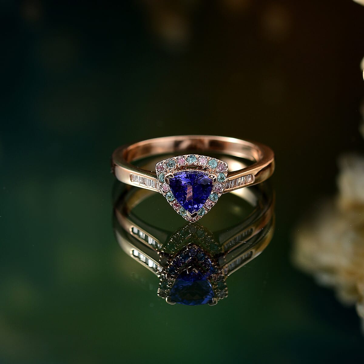 Luxoro Premium Tanzanite, Paraiba Tourmaline, I2 Natural Pink and White Diamond 1.00 ctw Atlantis Crown Ring in 10K Rose Gold (Size 7.0) image number 1