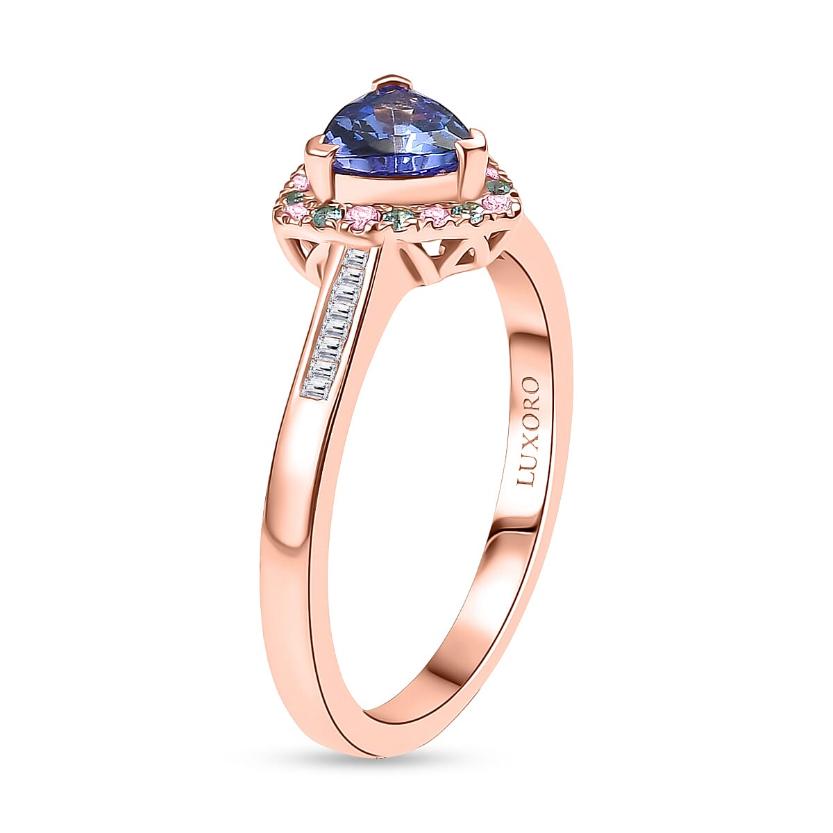 Luxoro Premium Tanzanite, Paraiba Tourmaline, I2 Natural Pink and White Diamond 1.00 ctw Atlantis Crown Ring in 10K Rose Gold (Size 7.0) image number 3
