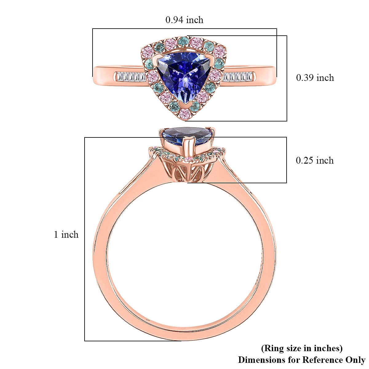 Luxoro Premium Tanzanite, Paraiba Tourmaline, I2 Natural Pink and White Diamond 1.00 ctw Atlantis Crown Ring in 10K Rose Gold (Size 7.0) image number 5