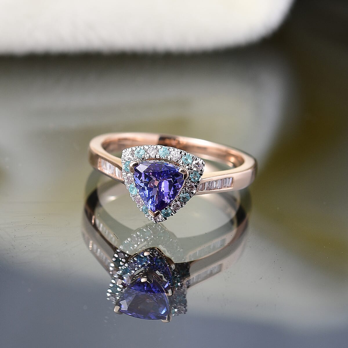 Luxoro Premium Tanzanite, Paraiba Tourmaline, I2 Natural Pink and White Diamond 1.00 ctw Atlantis Crown Ring in 10K Rose Gold (Size 8.0) image number 1