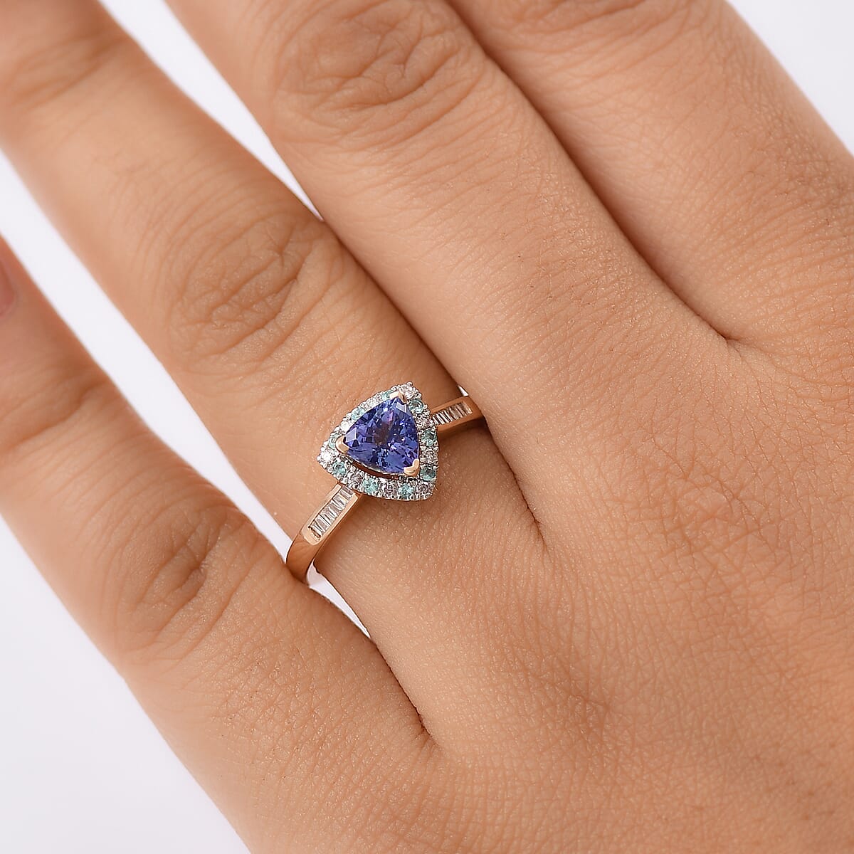 Luxoro Premium Tanzanite, Paraiba Tourmaline, I2 Natural Pink and White Diamond 1.00 ctw Atlantis Crown Ring in 10K Rose Gold (Size 8.0) image number 2