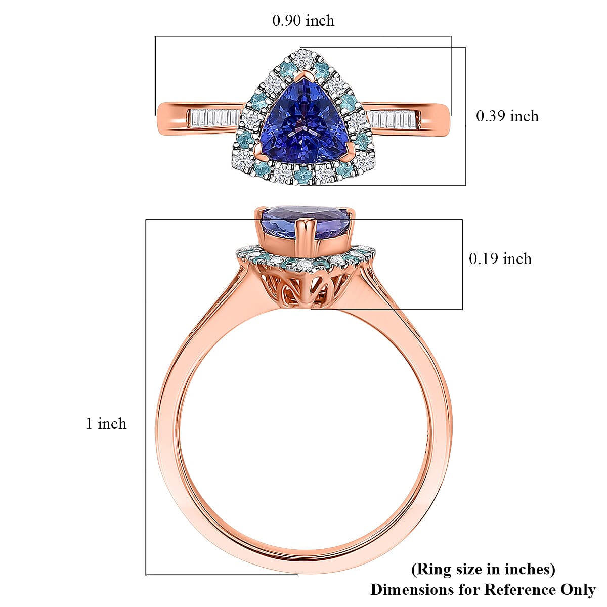 Luxoro Premium Tanzanite, Paraiba Tourmaline, I2 Natural Pink and White Diamond 1.00 ctw Atlantis Crown Ring in 10K Rose Gold (Size 8.0) image number 5