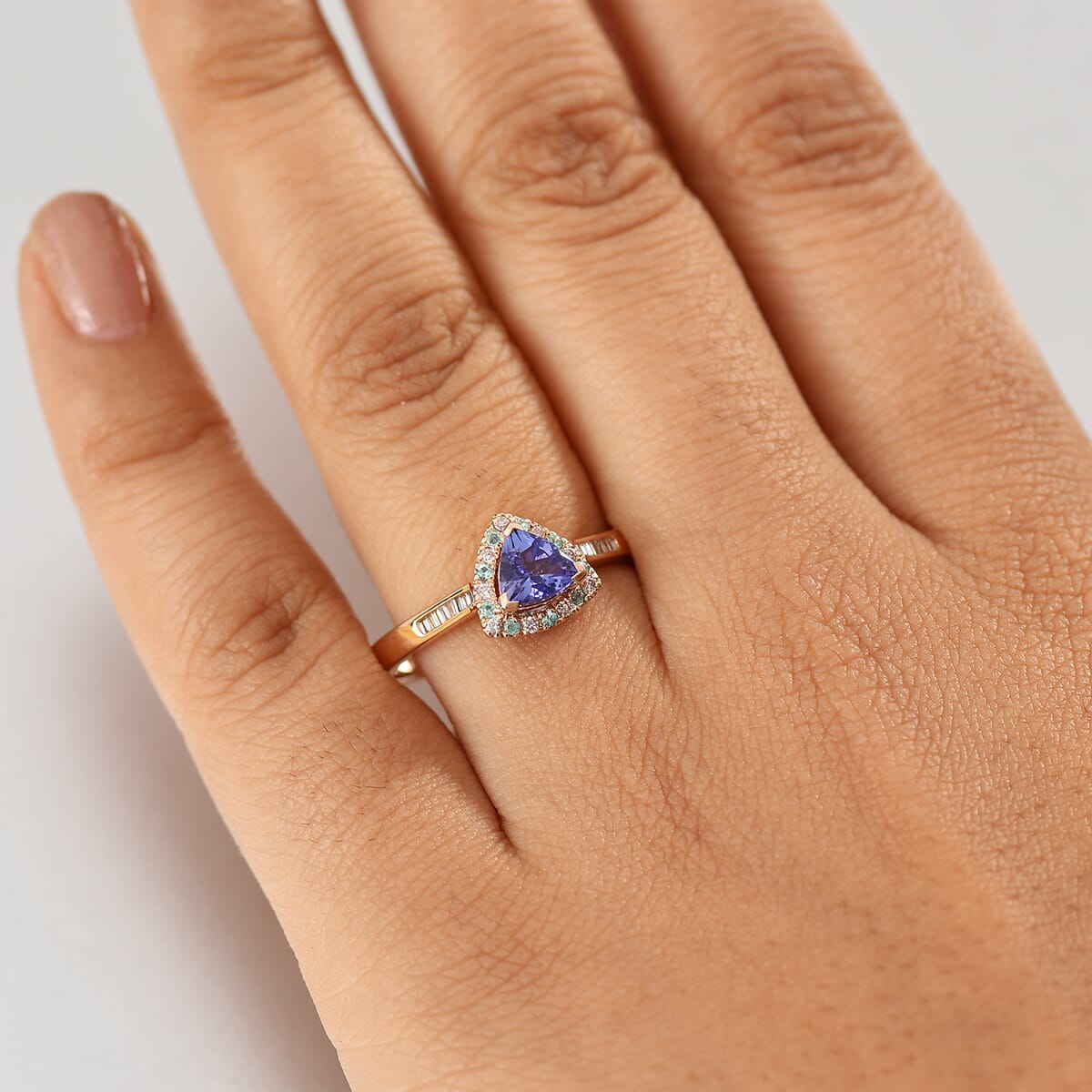 Luxoro Premium Tanzanite, Paraiba Tourmaline, I2 Natural Pink and White Diamond 1.00 ctw Atlantis Crown Ring in 10K Rose Gold (Size 9.0) image number 2