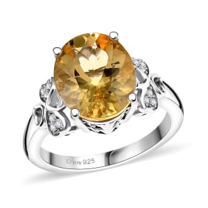 D'Joy Yellow Labradorite and White Zircon 4.40 ctw Leaf Clover Ring in Rhodium Over Sterling Silver (Size 10.0)