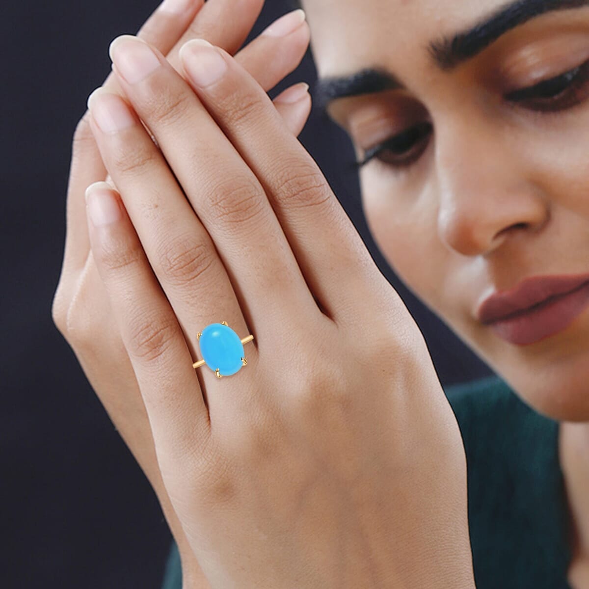 Rhapsody 18K Yellow Gold AAAA Sleeping Beauty Turquoise Solitaire Ring (Size 9.0) 5.50 Grams 7.00 ctw image number 1