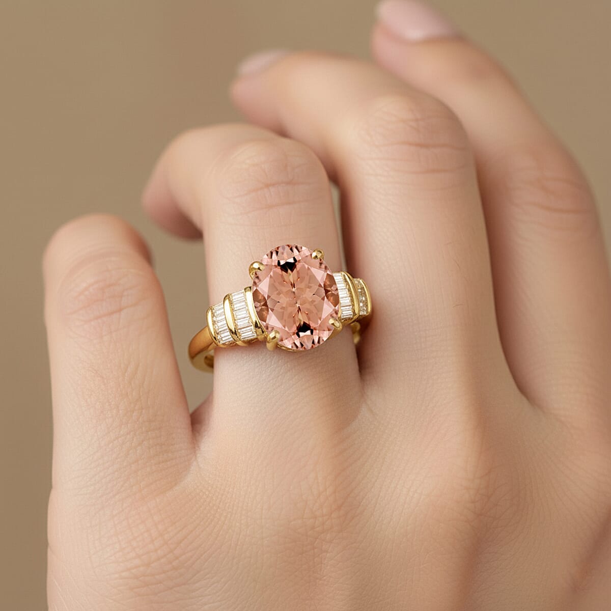 Rhapsody AAAA Pink Morganite and E-F VS2 Diamond 2.50 ctw Ring in 18K Yellow Gold (Size 4.5) (Del. in 10-12 Days) image number 2