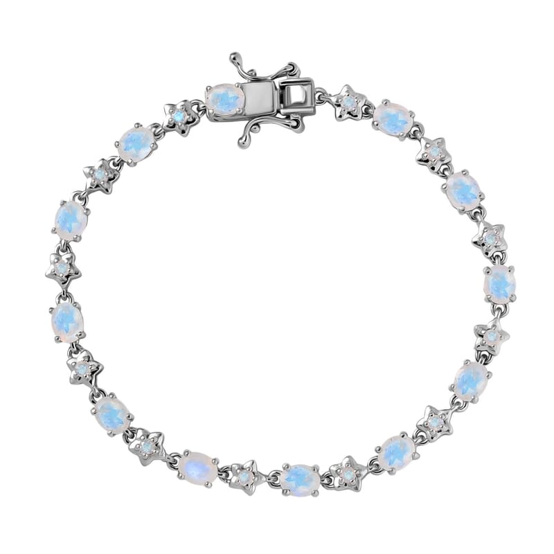 Karis Moon Glow Moonstone 5.25 ctw Moon and Star Bracelet in Platinum Bond (6.50 In)