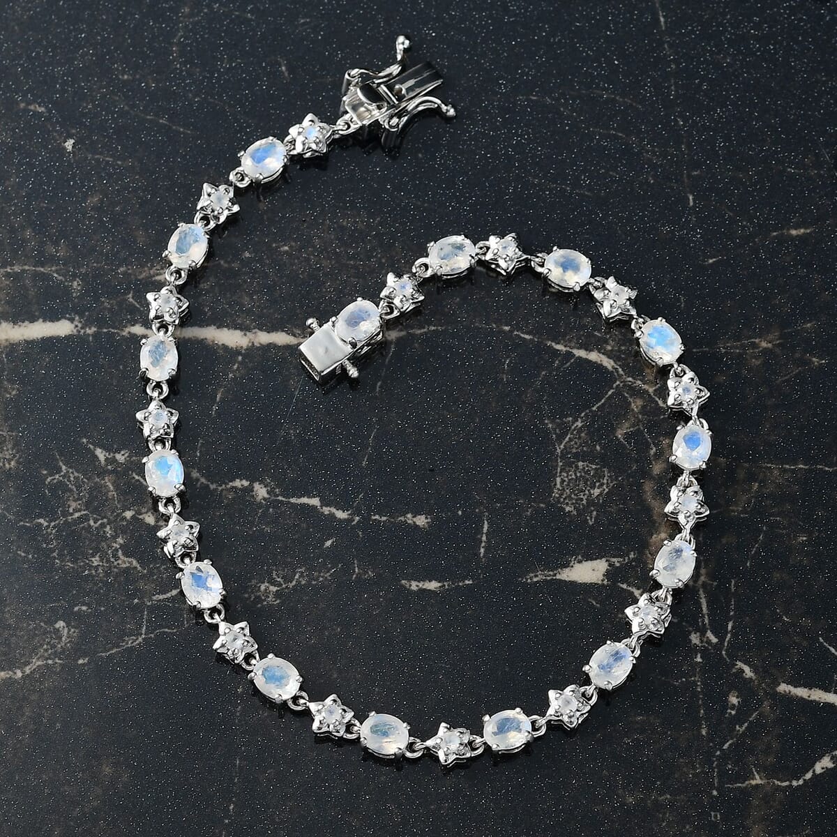 Karis Moon Glow Moonstone 5.25 ctw Moon and Star Bracelet in Platinum Bond (6.50 In) image number 1