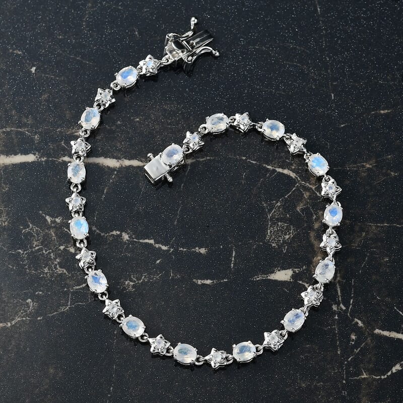 Karis Moon Glow Moonstone 5.25 ctw Moon and Star Bracelet in Platinum Bond (6.50 In)