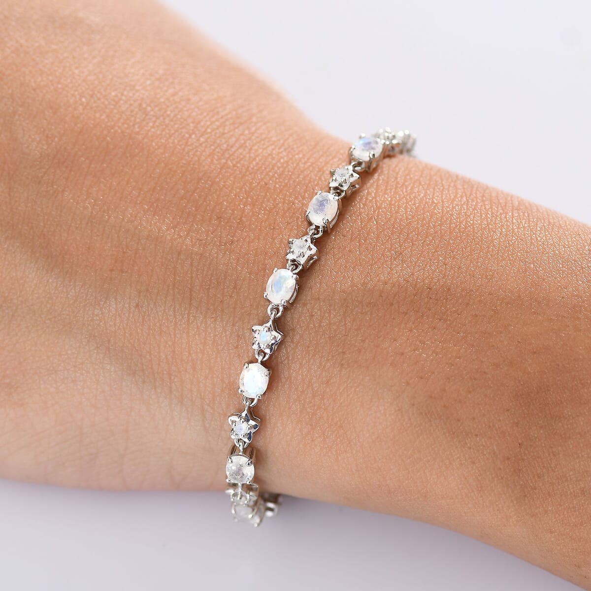 Karis Moon Glow Moonstone 5.25 ctw Moon and Star Bracelet in Platinum Bond (6.50 In) image number 2