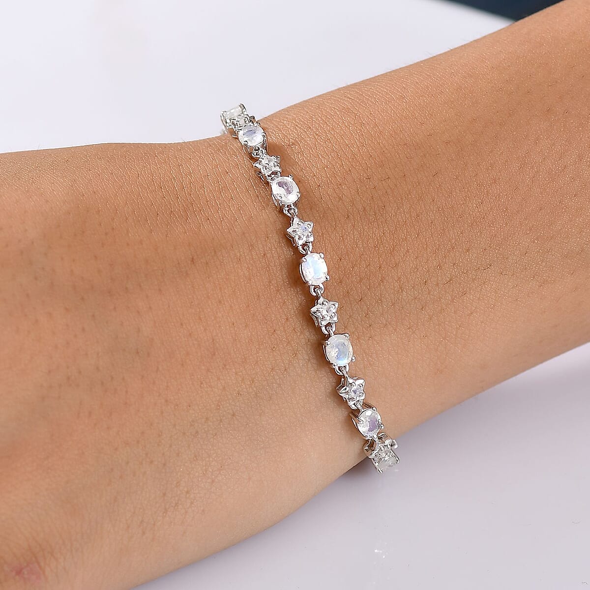 Karis Moon Glow Moonstone 6.00 ctw Moon and Star Bracelet in Platinum Bond (7.25 In) image number 2