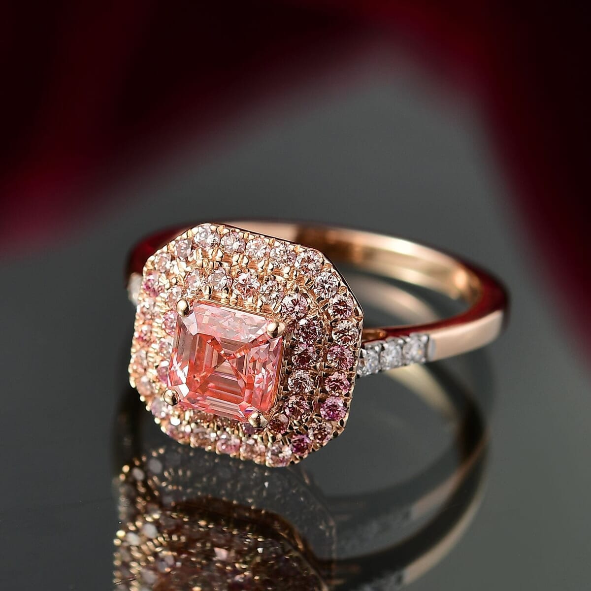 Asscher Cut Luxuriant Lab Grown Pink and White Diamond VS 1.55 ctw Rose Radiance Ring in 10K Rose Gold (Size 7.0) image number 1