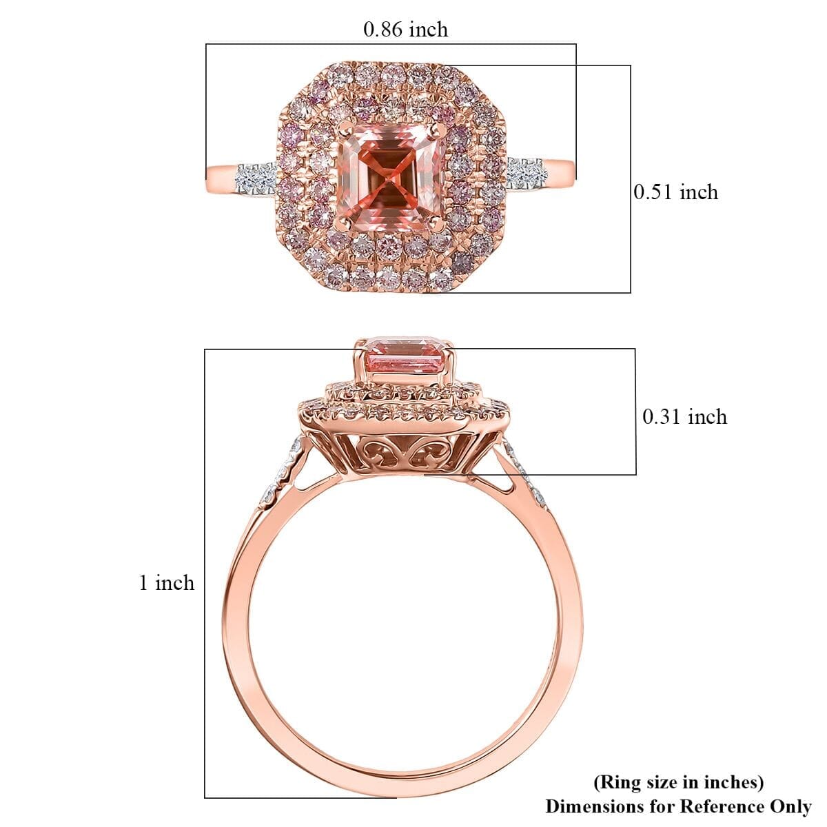 Asscher Cut Luxuriant Lab Grown Pink and White Diamond VS 1.55 ctw Rose Radiance Ring in 10K Rose Gold (Size 7.0) image number 5