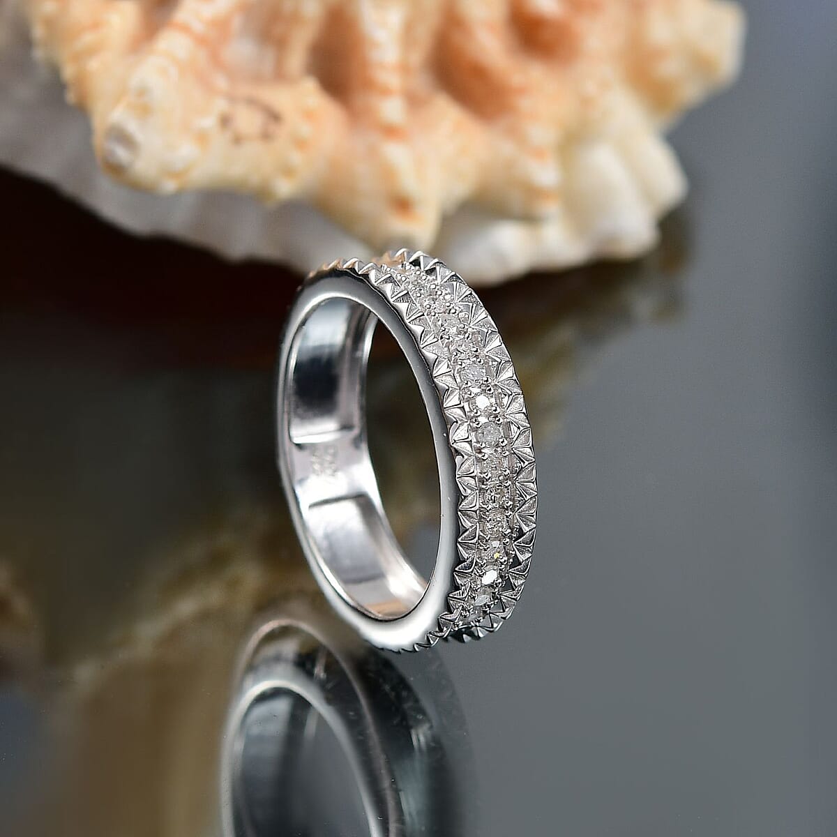 D'Joy Diamond Crown Edge Ring in Rhodium Over Sterling Silver (Size 8.0) 0.15 ctw image number 1