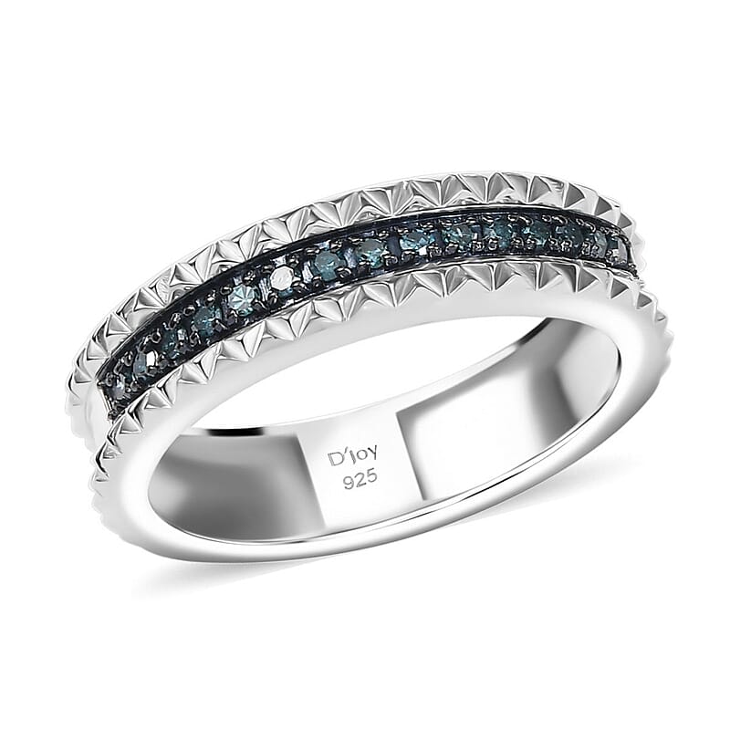D'Joy Blue Diamond (IR) Ring in Rhodium Over Sterling Silver (Size 10.0) 0.15 ctw