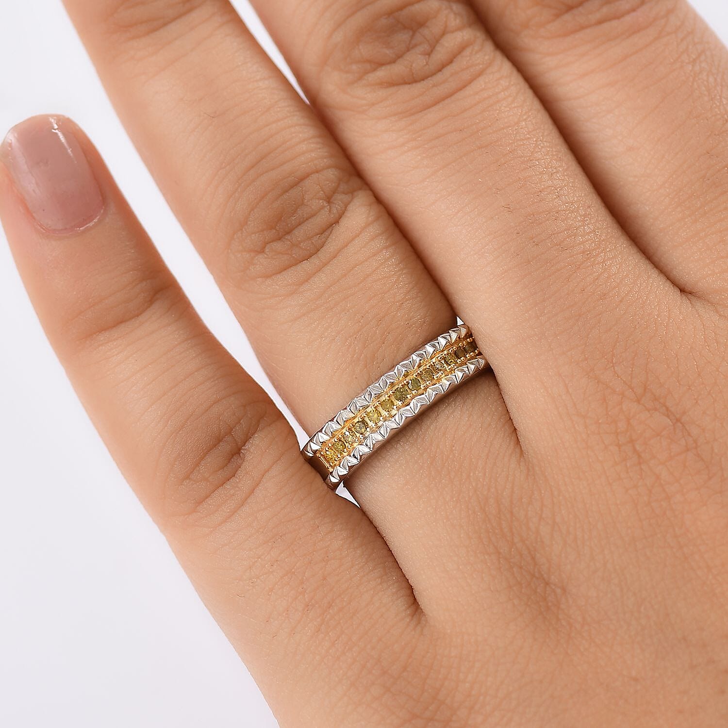 D'Joy Natural Yellow Diamond Ring in Rhodium Over Sterling Silver (Size 7.0) 0.15 ctw