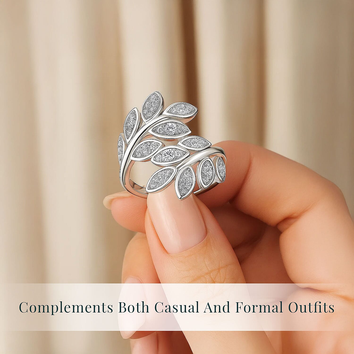 Luxuriant Lab Grown Diamond G-H SI 0.50 ctw Leaf Bypass Ring in Rhodium Over Sterling Silver (Size 10.0) 