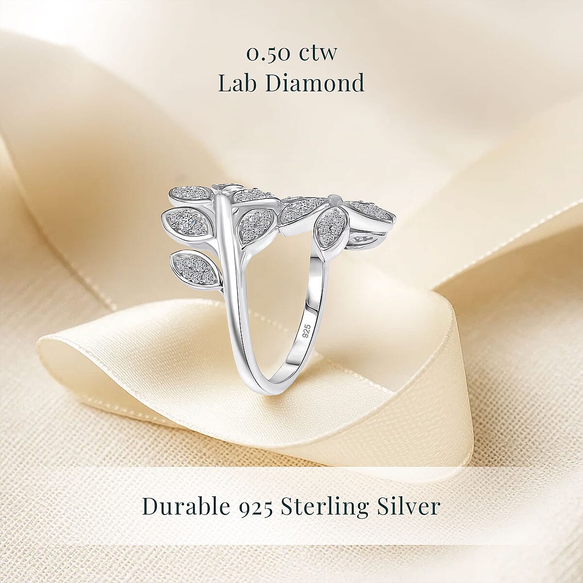 Luxuriant Lab Grown Diamond G-H SI 0.50 ctw Leaf Bypass Ring in Rhodium Over Sterling Silver (Size 7.0)  image number 2