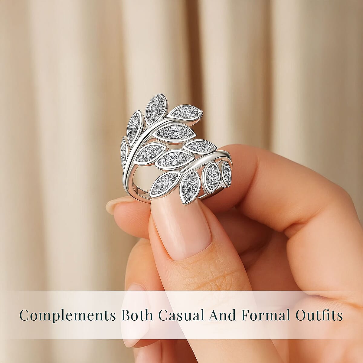 Luxuriant Lab Grown Diamond G-H SI 0.50 ctw Leaf Bypass Ring in Rhodium Over Sterling Silver (Size 7.0)  image number 5