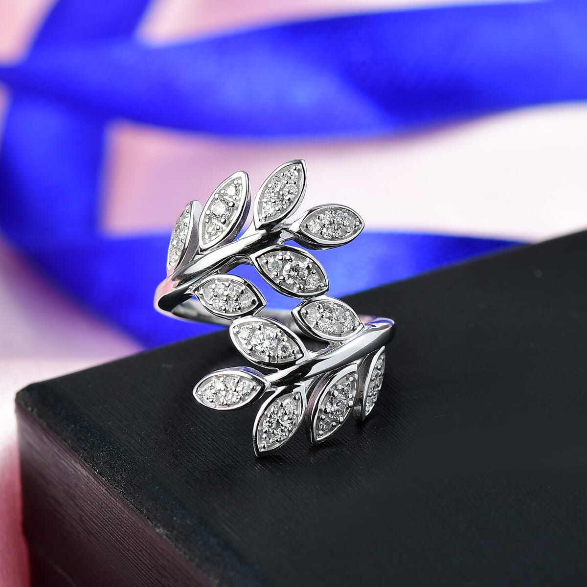 Luxuriant Lab Grown Diamond G-H SI 0.50 ctw Leaves Ring in Rhodium Over Sterling Silver (Size 9.0)  image number 1
