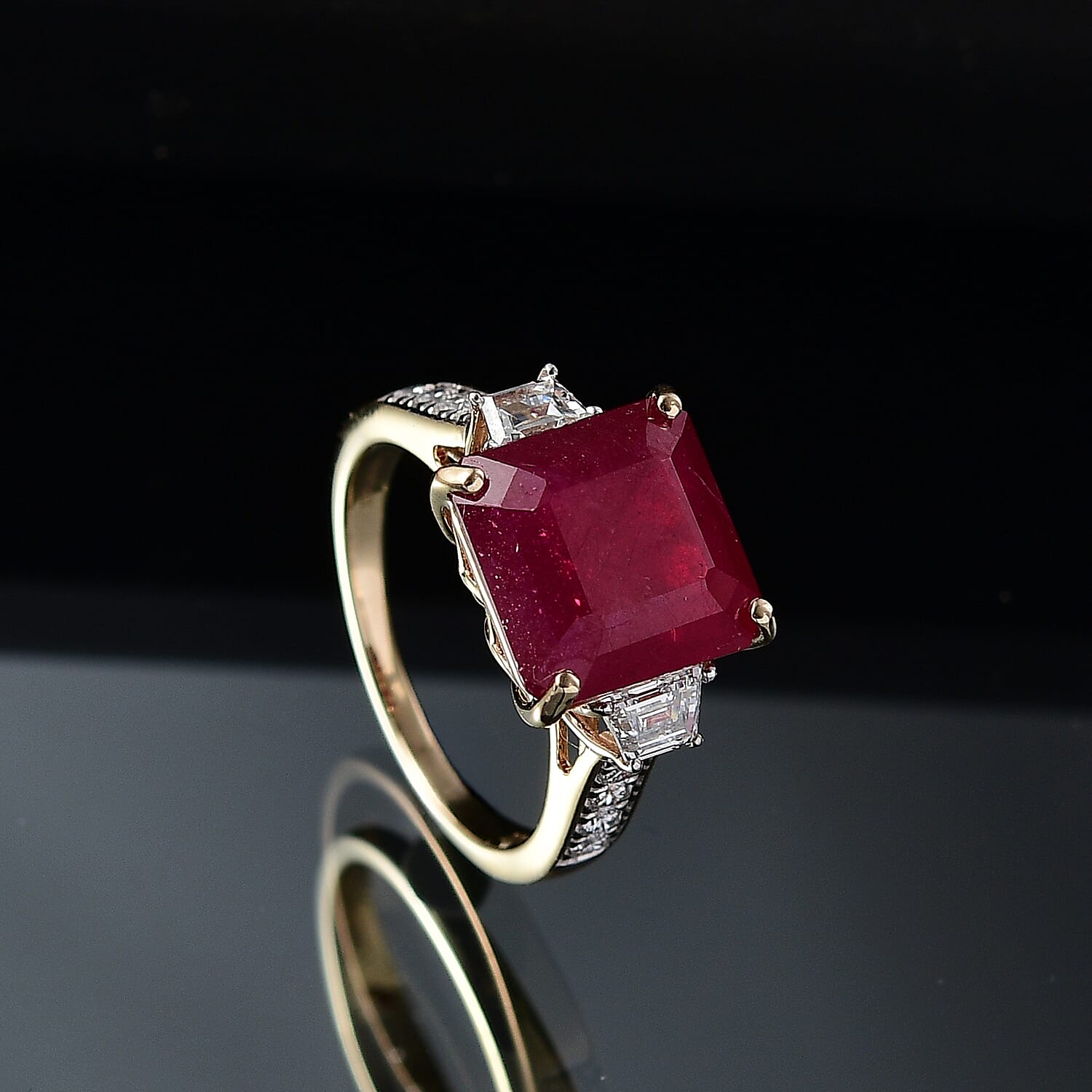 AAA Asscher Cut Niassa Ruby and E-F VS Luxuriant Lab Grown Diamond 10.78 ctw Ring in 10K Yellow Gold (Size 10.0)