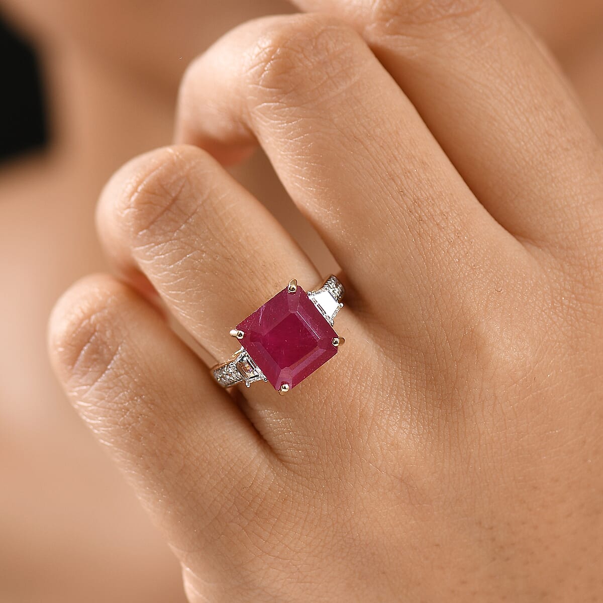10K Yellow Gold AAA Asscher Cut Niassa Ruby (FF), Luxuriant Lab Grown Diamond (E-F, VS) (0.78 cts) Ring (Size 10.0) 10.78 ctw image number 2
