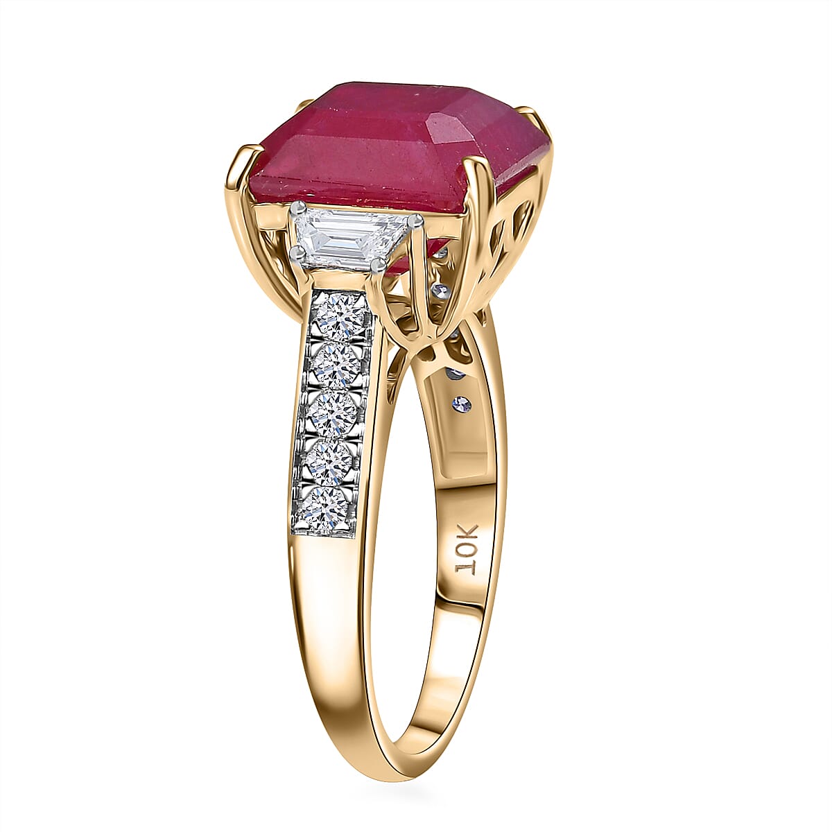 AAA Asscher Cut Niassa Ruby and E-F VS Luxuriant Lab Grown Diamond 10.78 ctw Ring in 10K Yellow Gold (Size 10.0)