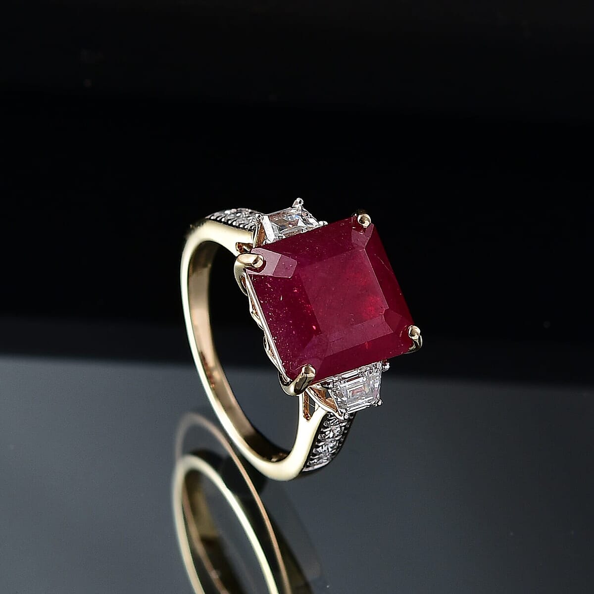 10K Yellow Gold AAA Asscher Cut Niassa Ruby, Luxuriant Lab Grown Diamond (E-F, VS) (0.78 cts) Ring (Size 5.5) 10.78 ctw image number 1