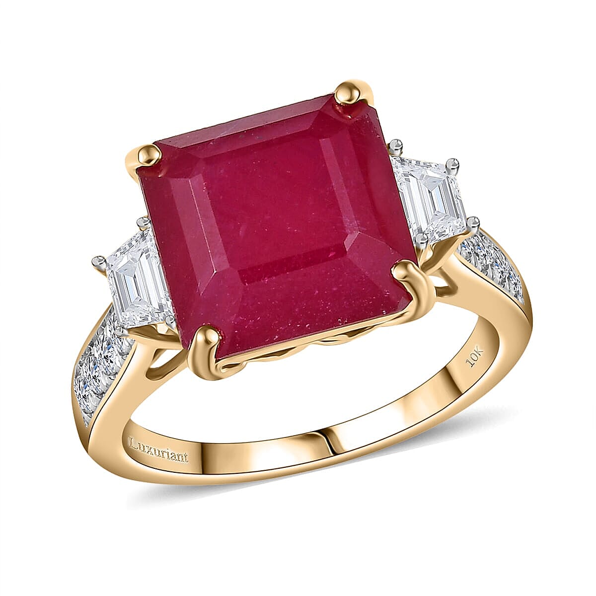 AAA Asscher Cut Niassa Ruby and E-F VS Luxuriant Lab Grown Diamond 10.78 ctw Ring in 10K Yellow Gold (Size 6.0) image number 0