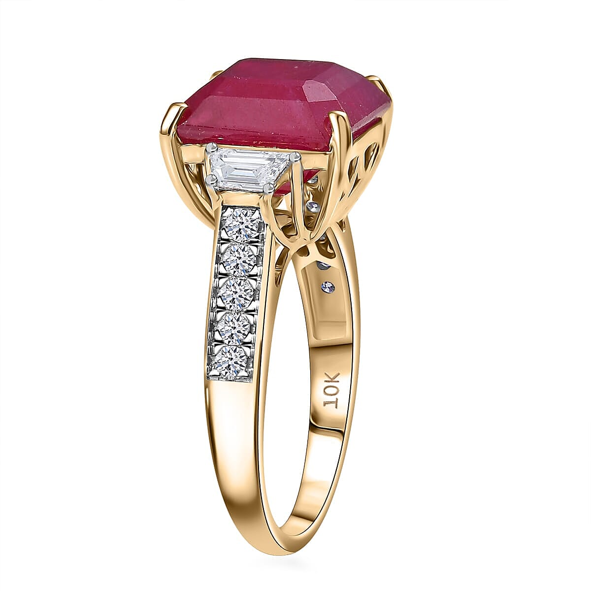 AAA Asscher Cut Niassa Ruby and E-F VS Luxuriant Lab Grown Diamond 10.78 ctw Ring in 10K Yellow Gold (Size 6.0) image number 3