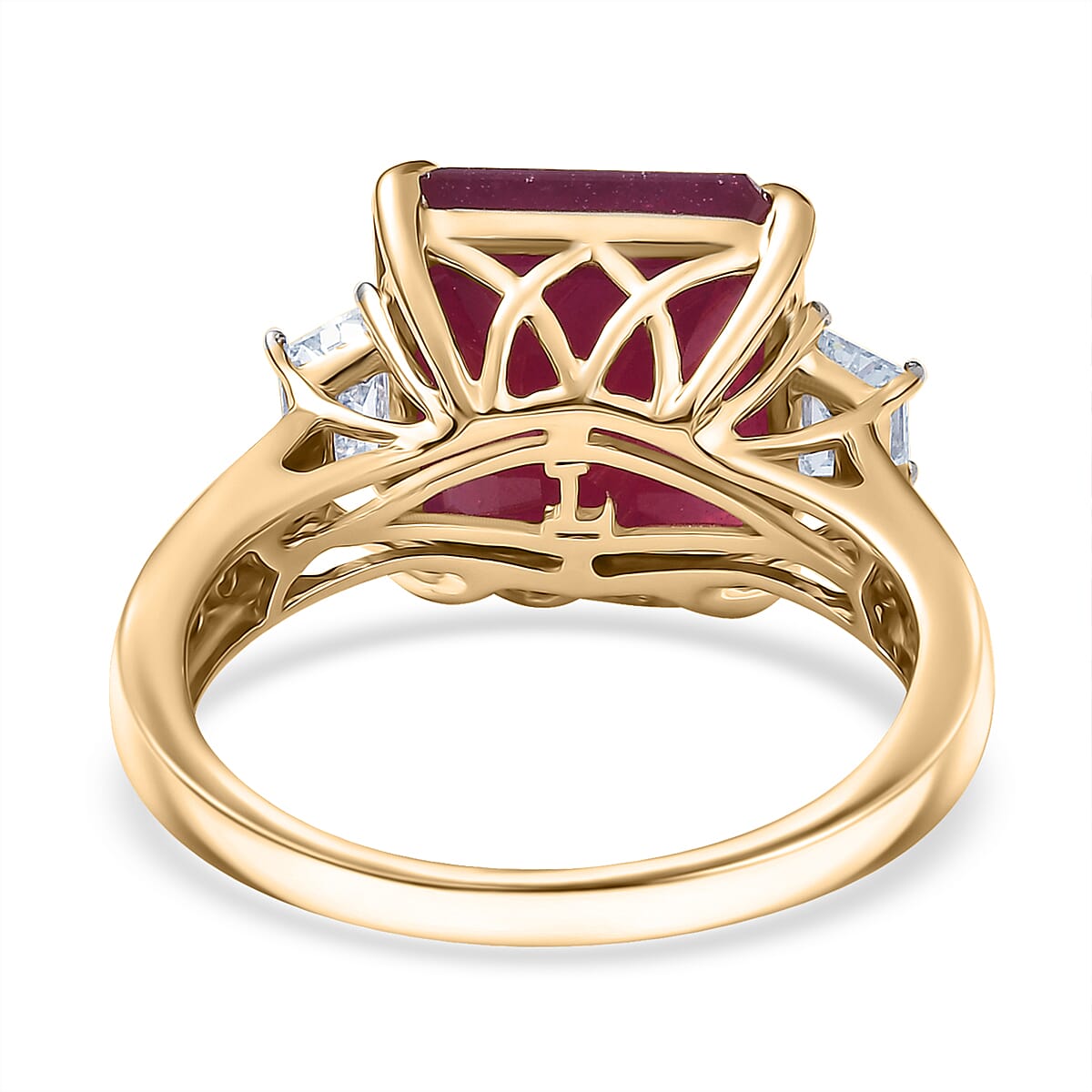 AAA Asscher Cut Niassa Ruby and E-F VS Luxuriant Lab Grown Diamond 10.78 ctw Ring in 10K Yellow Gold (Size 7.0) image number 4