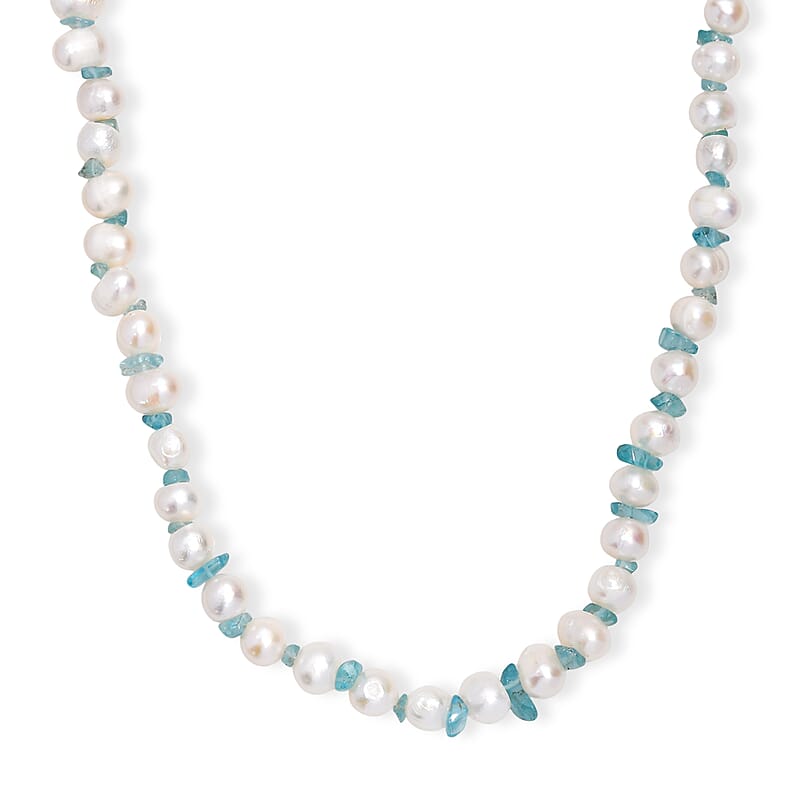 White Fresh Water Pearl and Betroka Blue Apatite 25.00 ctw Necklace in Rhodium Over Sterling Silver 18 Inches