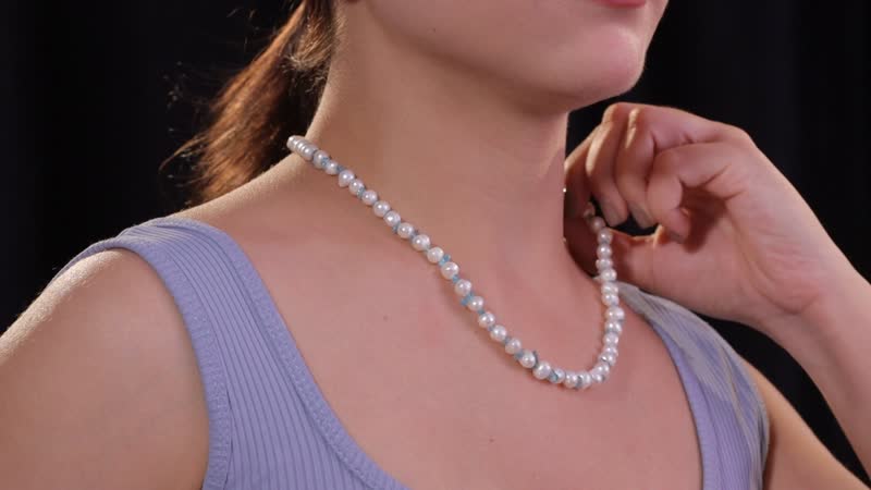 White Fresh Water Pearl and Betroka Blue Apatite 25.00 ctw Necklace in Rhodium Over Sterling Silver 18 Inches