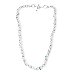 White Fresh Water Pearl and Betroka Blue Apatite 25.00 ctw Necklace in Rhodium Over Sterling Silver 18 Inches