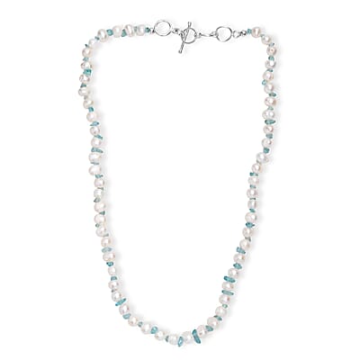 White Fresh Water Pearl and Betroka Blue Apatite 25.00 ctw Necklace in Rhodium Over Sterling Silver 18 Inches