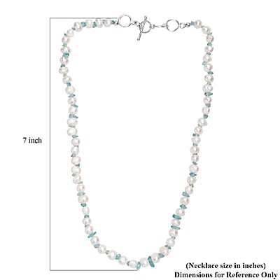 White Fresh Water Pearl and Betroka Blue Apatite 25.00 ctw Necklace in Rhodium Over Sterling Silver 18 Inches