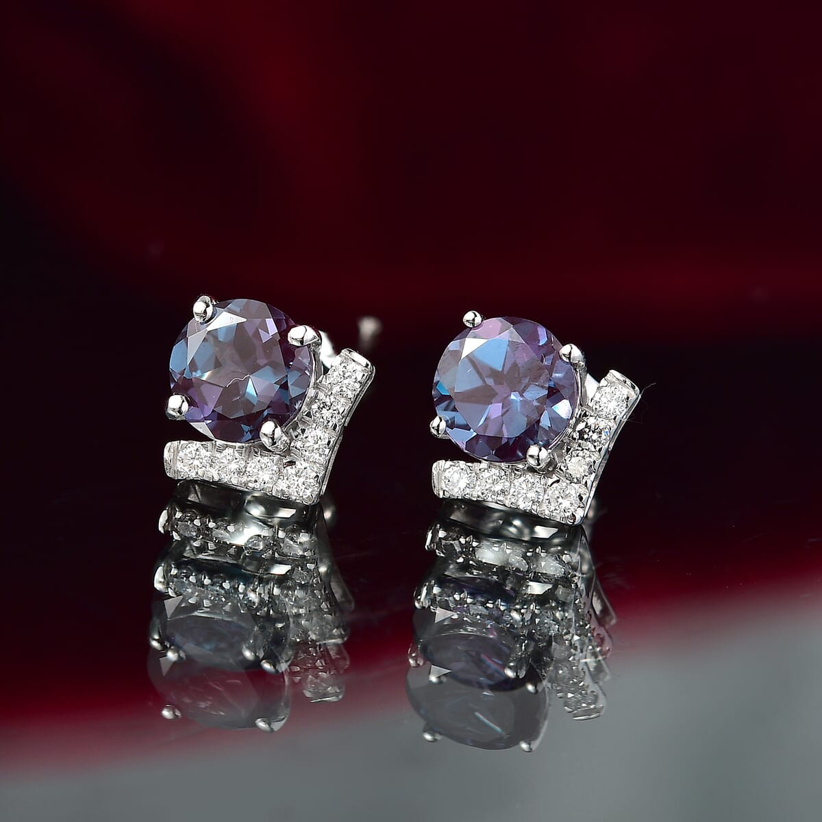 Certified & Appraised AAA Luxuriant Lab Grown Color Change Sapphire and G-H SI Lab Grown Diamond 3.54 ctw Earrings in 10K White Gold image number 1