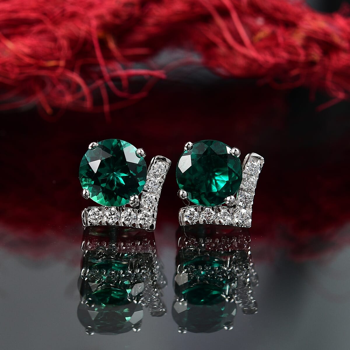 AAA Luxuriant Lab Grown Emerald and G-H SI Lab Grown Diamond 2.46 ctw Earrings in 10K White Gold image number 1