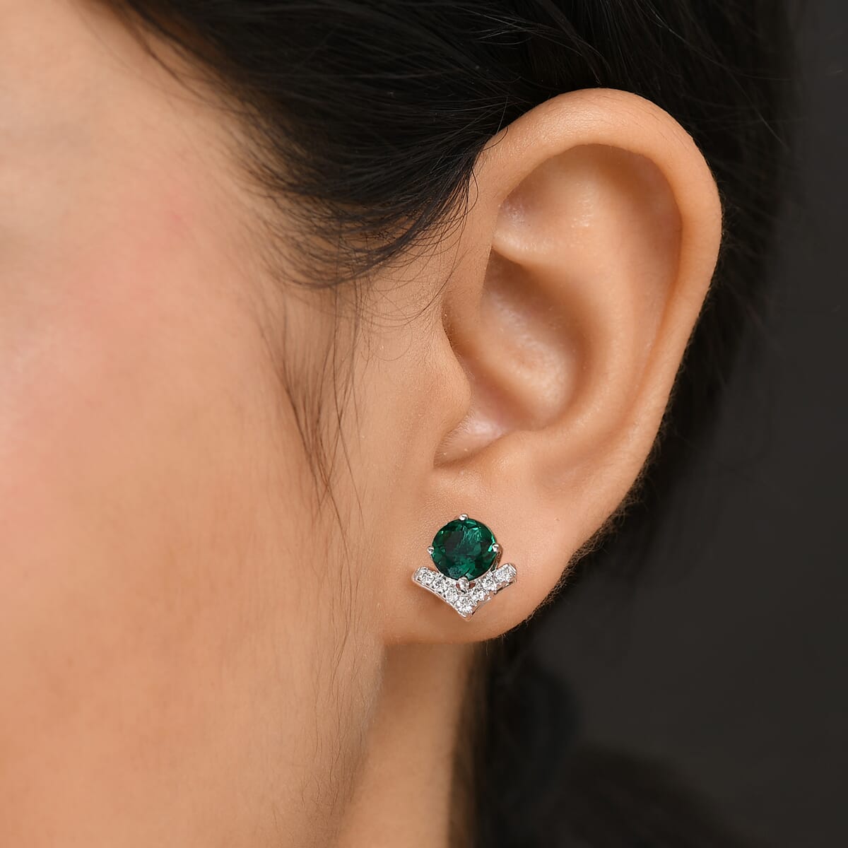 AAA Luxuriant Lab Grown Emerald and G-H SI Lab Grown Diamond 2.46 ctw Earrings in 10K White Gold image number 2