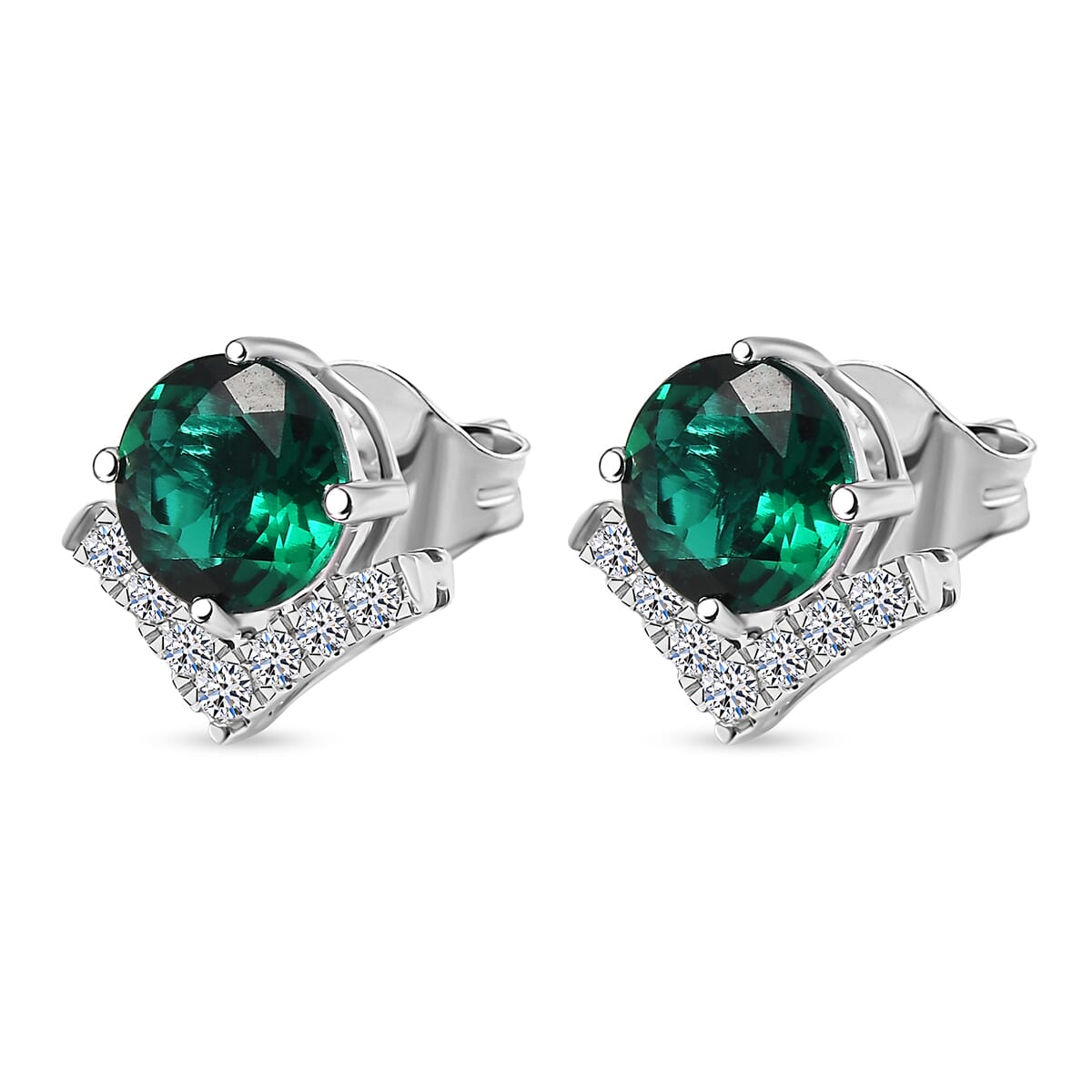 AAA Luxuriant Lab Grown Emerald and G-H SI Lab Grown Diamond 2.46 ctw Earrings in 10K White Gold image number 3