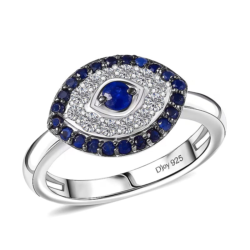 D'Joy Passport To Turkey Kanchanaburi Blue Sapphire, White Zircon Evil Eye Ring in Rhodium Over Sterling Silver 0.90 ctw (Size 10.0)