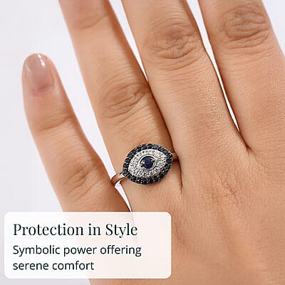 D'Joy Passport To Turkey Kanchanaburi Blue Sapphire, White Zircon Evil Eye Ring in Rhodium Over Sterling Silver 0.90 ctw (Size 10.0)