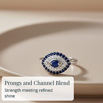 D'Joy Passport To Turkey Kanchanaburi Blue Sapphire, White Zircon Evil Eye Ring in Rhodium Over Sterling Silver 0.90 ctw (Size 10.0)
