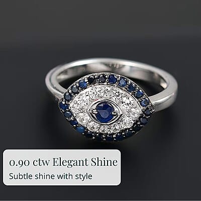 D'Joy Passport To Turkey Kanchanaburi Blue Sapphire, White Zircon Evil Eye Ring in Rhodium Over Sterling Silver 0.90 ctw (Size 10.0)