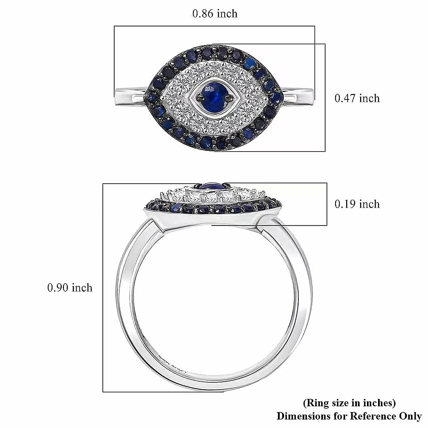 D'Joy Passport To Turkey Kanchanaburi Blue Sapphire, White Zircon Evil Eye Ring in Rhodium Over Sterling Silver 0.90 ctw (Size 10.0)