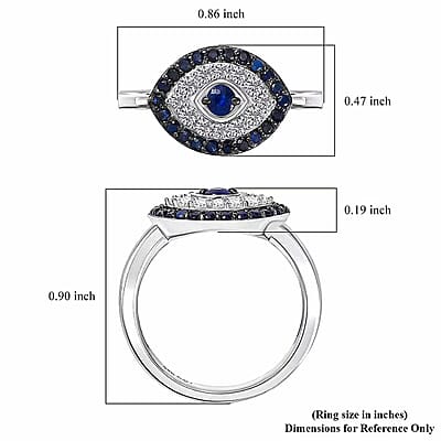 D'Joy Passport To Turkey Kanchanaburi Blue Sapphire, White Zircon Evil Eye Ring in Rhodium Over Sterling Silver 0.90 ctw (Size 10.0)