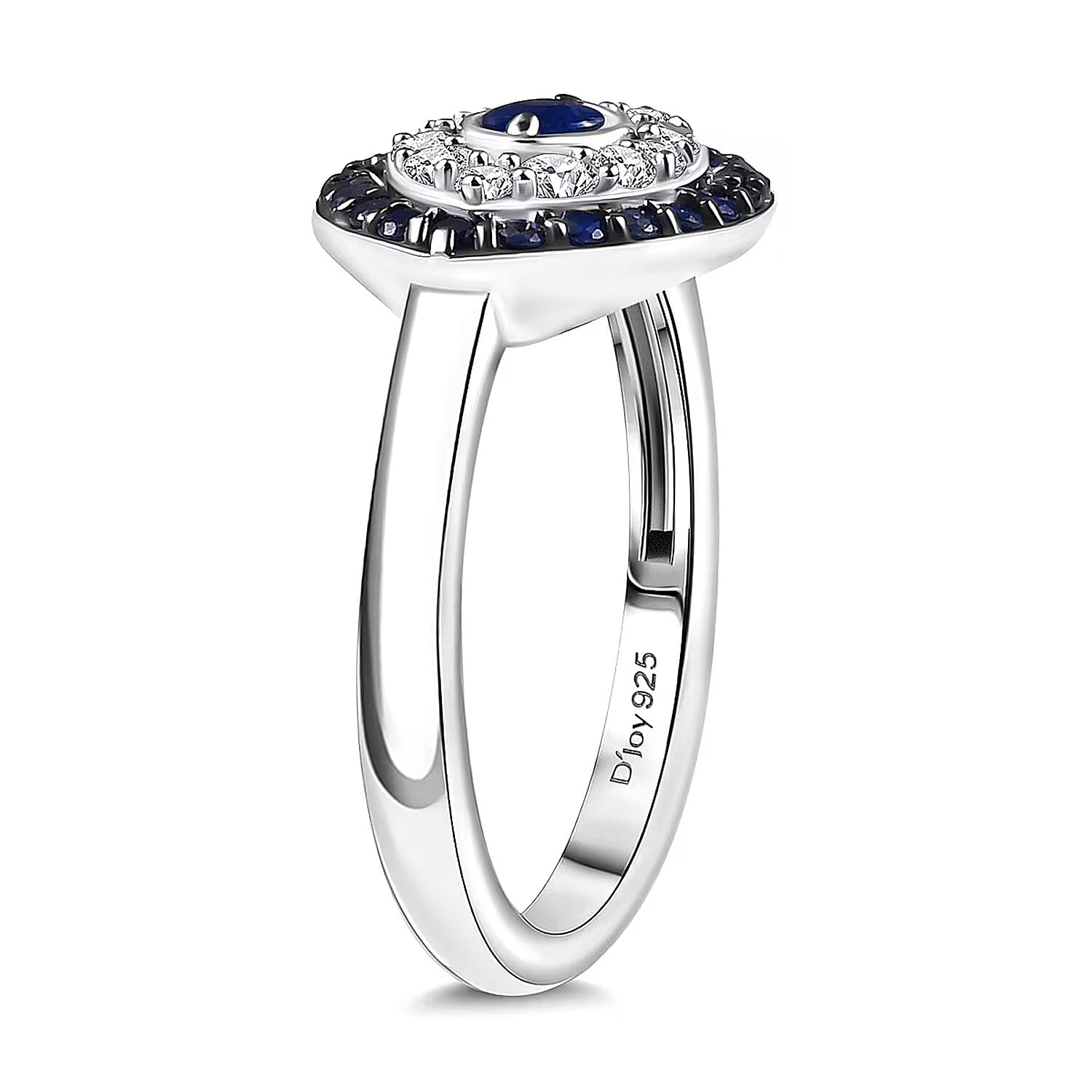 D'Joy Passport To Turkey Kanchanaburi Blue Sapphire, White Zircon Evil Eye Ring in Rhodium Over Sterling Silver 0.90 ctw (Size 10.0)