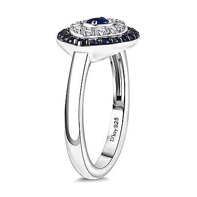D'Joy Passport To Turkey Kanchanaburi Blue Sapphire, White Zircon Evil Eye Ring in Rhodium Over Sterling Silver 0.90 ctw (Size 10.0)