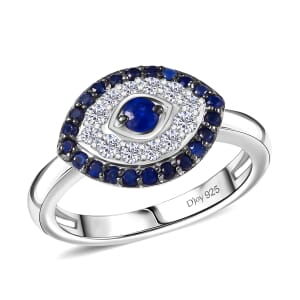 D'Joy Passport to Turkey Kanchanaburi Blue Sapphire and White Zircon 0.90 ctw Eveil Eye Ring in Rhodium Over Sterling Silver (Size 5.0)