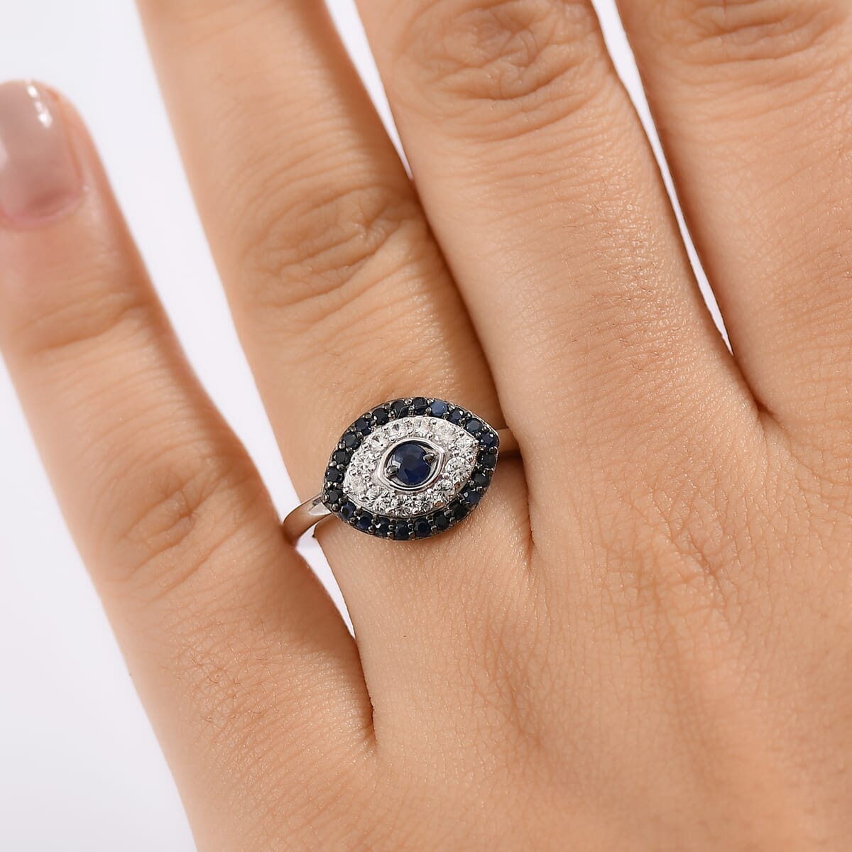 D'Joy Passport to Turkey Kanchanaburi Blue Sapphire and White Zircon 0.90 ctw Eveil Eye Ring in Rhodium Over Sterling Silver (Size 5.0) image number 2